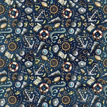 Cartoon doodles Nautical seamless pattern. Illustrazione stock