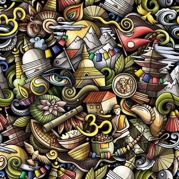 Cartoon doodles Nepal seamless pattern. Stock Illustration