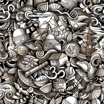 Cartoon doodles Nepal seamless pattern. Stock Illustration