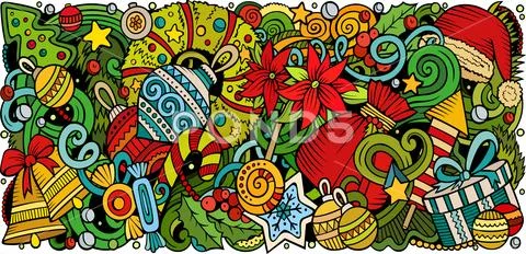 Cartoon doodles New Year horizontal stripe illustration Stock Illustration