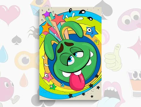 Cartoon Doodles pattern with monster. Vector illustration of a smiling mons.. Illustrazione stock