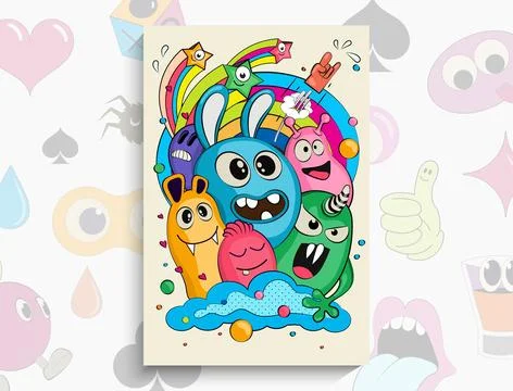 Cartoon Doodles pattern with monsters. Vector hand drawn doodle cartoon. Fi.. Illustrazione stock