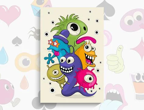 Cartoon Doodles pattern with monsters. Vector hand drawn doodle cartoon. Fi.. Illustrazione stock