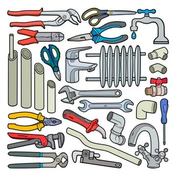 Cartoon doodles plumbing instruments objects set Stock Illustration