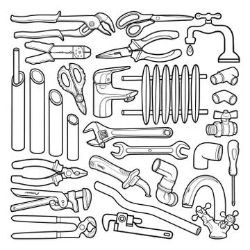 Cartoon doodles plumbing instruments objects set Ilustração Stock
