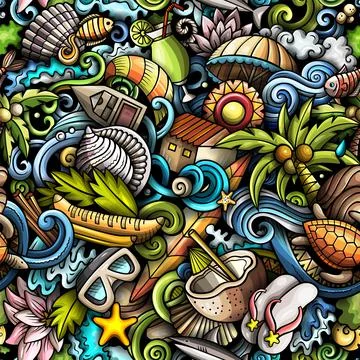 Cartoon doodles Seychelles seamless pattern. Stock Illustration