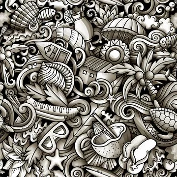 Cartoon doodles Seychelles seamless pattern. Stock Illustration