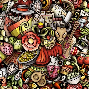 Cartoon doodles Spain seamless pattern. Backdrop with Spanish culture items Stock Illustration