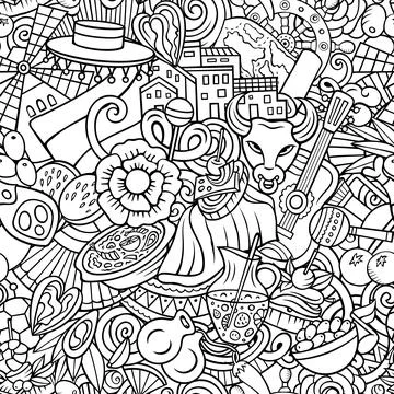 Cartoon doodles Spain seamless pattern. Backdrop with Spanish culture items Stock Illustration