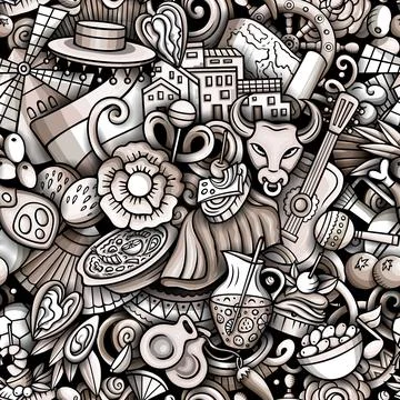 Cartoon doodles Spain seamless pattern. Backdrop with Spanish culture items Stock Illustration