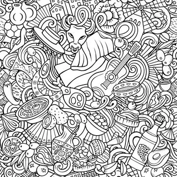 Cartoon doodles Spain seamless pattern. Backdrop with Spanish culture items Stock Illustration