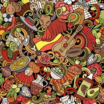 Cartoon doodles Spain seamless pattern. Backdrop with Spanish culture items Stock Illustration
