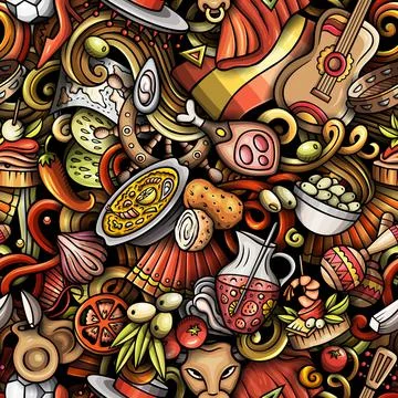 Cartoon doodles Spain seamless pattern. Backdrop with Spanish culture items Stock Illustration