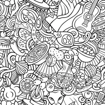 Cartoon doodles Spain seamless pattern. Backdrop with Spanish culture items Stock Illustration