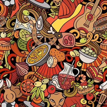 Cartoon doodles Spain seamless pattern. Backdrop with Spanish culture items Stock Illustration