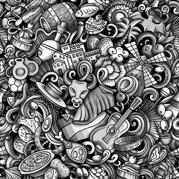 Cartoon doodles Spain seamless pattern. Backdrop with Spanish culture items Stock Illustration