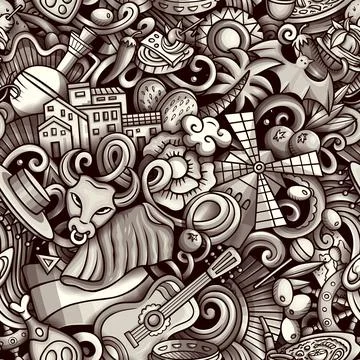 Cartoon doodles Spain seamless pattern. Backdrop with Spanish culture items Stock Illustration