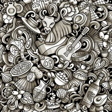 Cartoon doodles Spain seamless pattern. Backdrop with Spanish culture items Stock Illustration