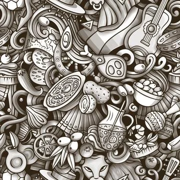 Cartoon doodles Spain seamless pattern. Backdrop with Spanish culture items Stock Illustration