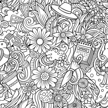 Cartoon doodles Spring seamless pattern. Stock Illustration