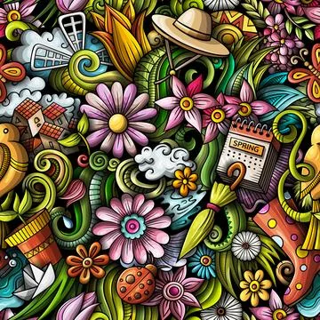 Cartoon doodles Spring seamless pattern. Illustrazione stock