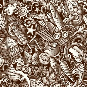 Cartoon doodles Summer Beach seamless pattern. Stock Illustration