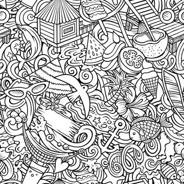 Cartoon doodles Summer Beach seamless pattern. Stock Illustration