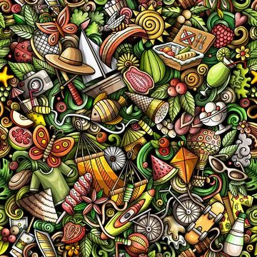 Cartoon doodles Summer seamless pattern. Stock Illustration