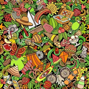 Cartoon doodles Summer seamless pattern. Stock Illustration
