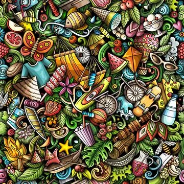 Cartoon doodles Summer seamless pattern. Stock Illustration