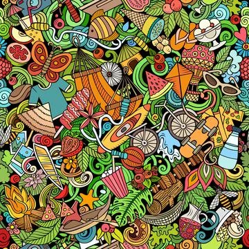 Cartoon doodles Summer seamless pattern. Stock Illustration
