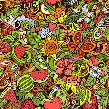 Cartoon doodles Summer seamless pattern. Stock Illustration