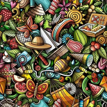 Cartoon doodles Summer seamless pattern. Stock Illustration