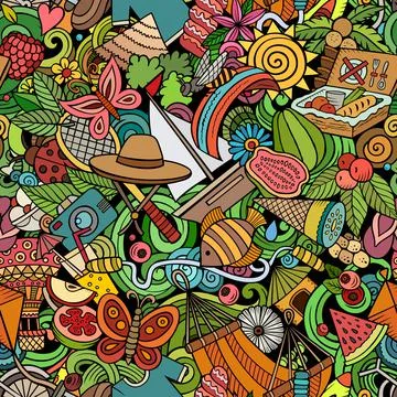Cartoon doodles Summer seamless pattern. Stock Illustration