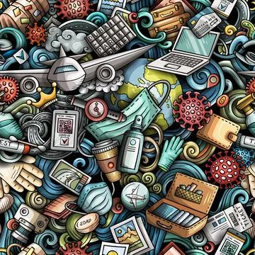 Cartoon doodles Traveling seamless pattern. Stock Illustration