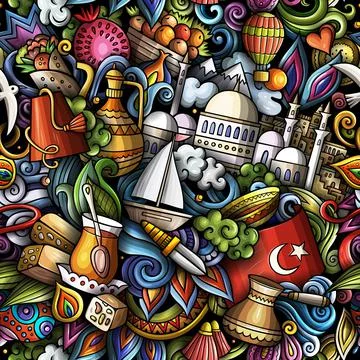 Cartoon doodles Turkey seamless pattern. Illustrazione stock