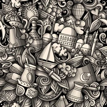 Cartoon doodles Turkey seamless pattern. Illustrazione stock