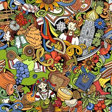 Cartoon doodles Ukraine seamless pattern Stock Illustration