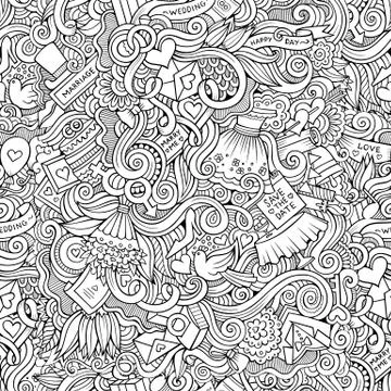 Cartoon doodles wedding seamless pattern Illustrazione stock