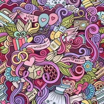 Cartoon doodles wedding seamless pattern Illustrazione stock