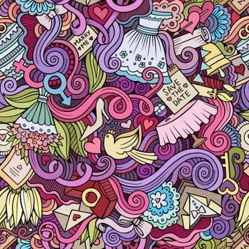 Cartoon doodles wedding seamless pattern Illustrazione stock