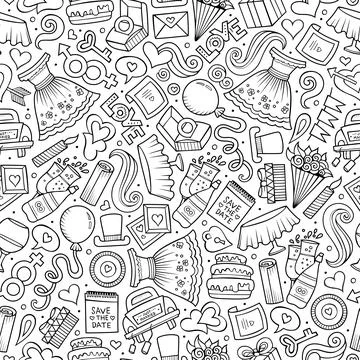 Cartoon doodles wedding seamless pattern Illustrazione stock