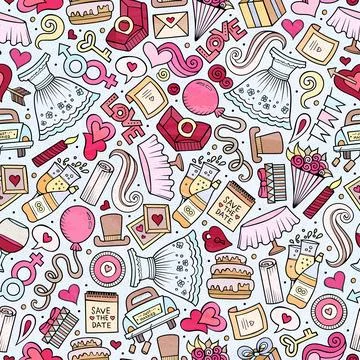Cartoon doodles wedding seamless pattern 스톡 일러스트