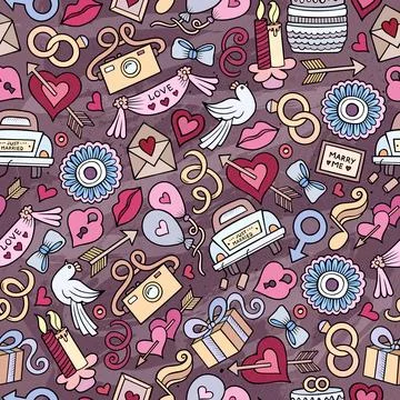 Cartoon doodles wedding seamless pattern 스톡 일러스트