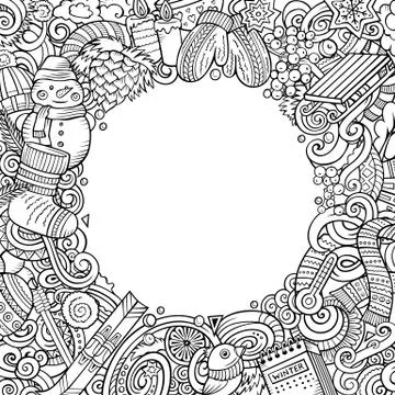 Cartoon doodles Winter square frame design. Contour drawing seasonal border Stock Illustration