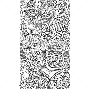 Cartoon doodles Winter vertical stripe card design. Seasonal funny border Stock Illustration