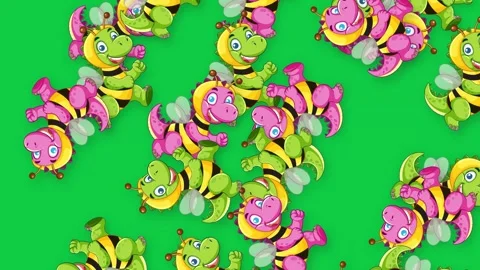Cartoon Dragon and Bee Characters Falling on Green Screen Background Stock Footage 342468039