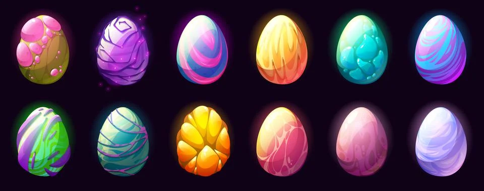 Cartoon dragon eggs with different eggshell set Stock Illustration