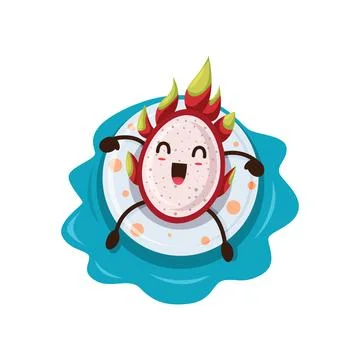 Cartoon dragon fruit character float on ring 스톡 일러스트