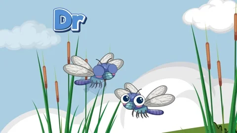 Cartoon Dragonfly Animation with Educational Text in a Pond Setting Stock Footage 332266290